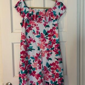 Tommy Bahama Off-Shoulder Pink & White Floral Print Romper with Tassel Belt